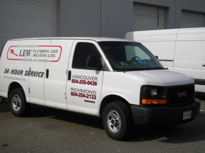 White Lew Plumbing truck for 24/7 sewer line service.